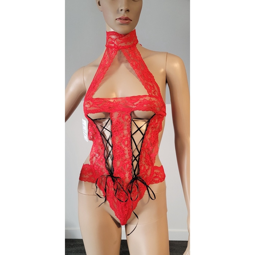 Women's Sexy Red with Black Lace Up Nylon Teddy‎  With G-String Bottom Size S/M